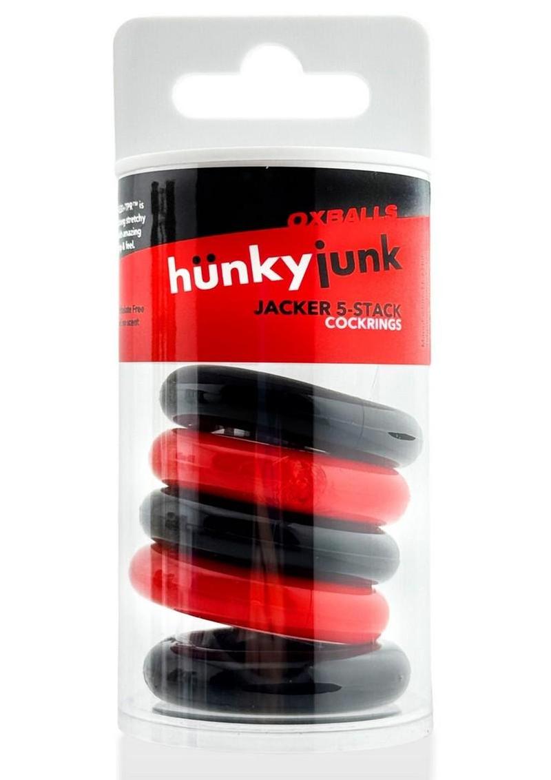 Hunkyjunk Jacker 5 Stack Super-Strong Cockrings (5 Pack) - Red/Black